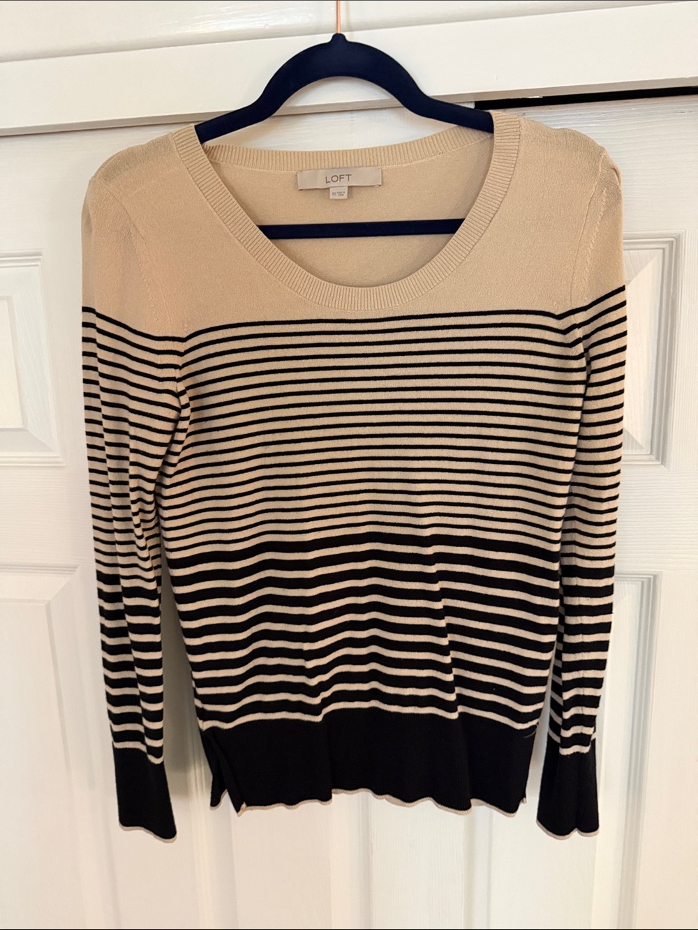 LOFT Cream and Black Striped Scoop-Neck Pullover